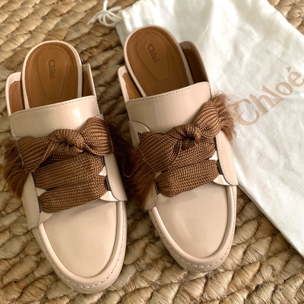 Authentic Chloé Patent Leather Bow Mule Loafer Flats, Size 36.5